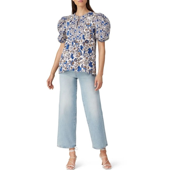 Shoshanna Odelia Floral Blouse Short Puff Sleeve Designer Womens Sz XS MSRP $320 - Picture 2 of 14